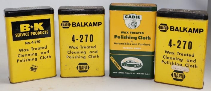 Group of 4 Automotive Polishing Cloth Advertising Tins /Car Graphics: BK, Napa, Cadie
