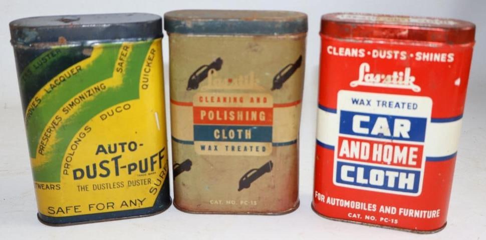 Group of 3 Automotive Dusting Cloth Advertising Tins/Car Graphics (1 of 2)