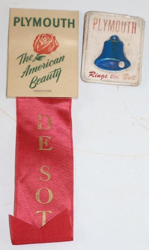 Group of 2 Plymouth/ Desoto  Ring The Bell & The American Beauty Pin Back Badges (1 of 2)