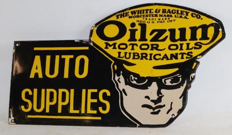 Oilzum Auto Supplies Single Sided Reproduction Porcelain Display Sign: 30"x 17