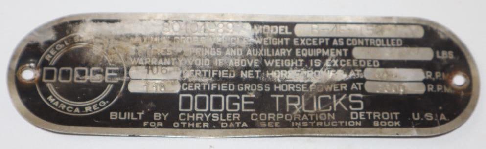 Chrysler Dodge Trucks Serial Data Tag (1 of 2)