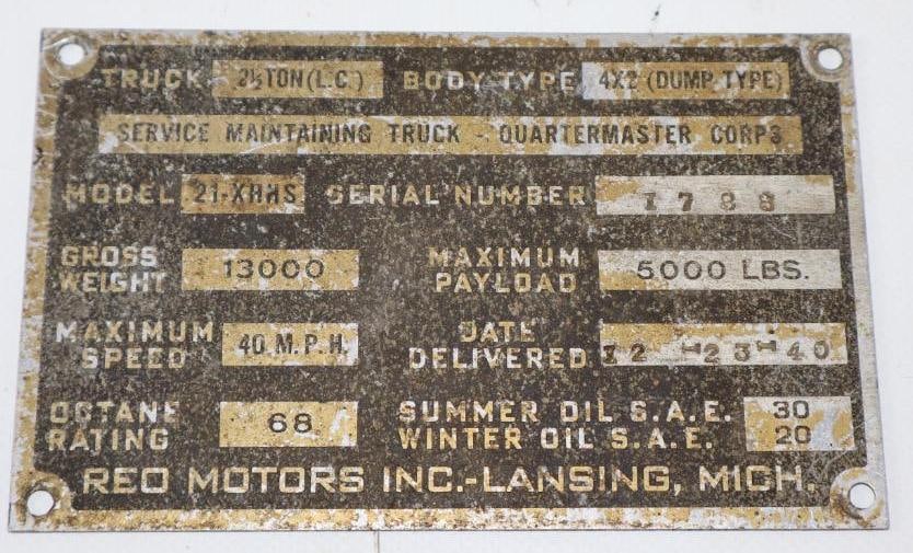Reo Motors Inc. 2.5 Ton Truck Serial Data Tag (1 of 2)
