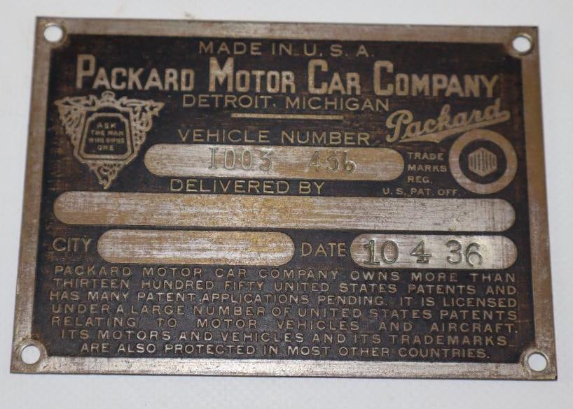 1936 Brass Packard Motor Car Serial Data Tag (1 of 2)