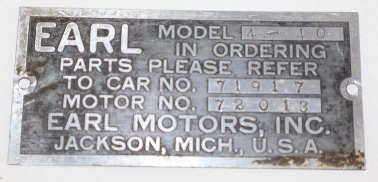 Earl Motors Inc. Serial Data Tag (1 of 2)