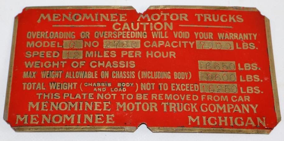 Brass Menominee Motor Truck  Serial Data Tag (1 of 2)