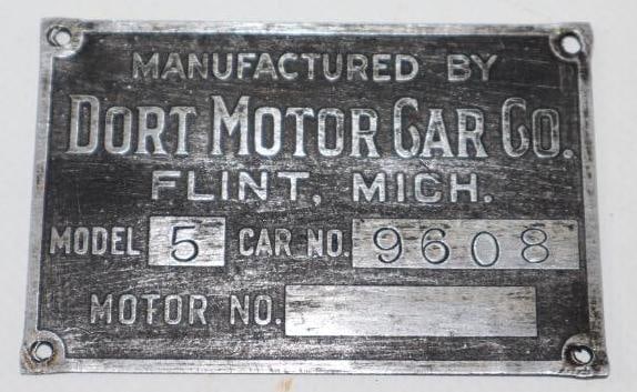 Dort Motor Car Co. Serial Data Tag (1 of 2)