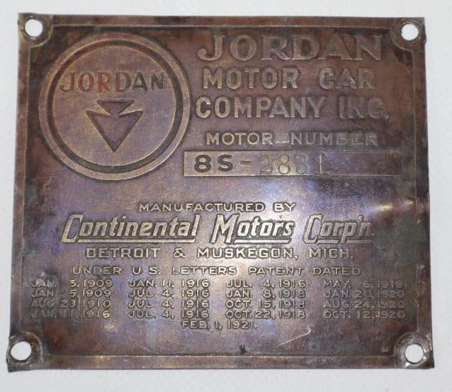 Brass Continental Motors Jordon Motor Car Co. Inc. Serial Data Tag (1 of 2)