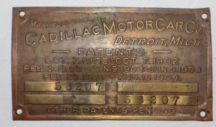 Brass 1904 Cadillac Motor Car Co. Serial Data Tag (1 of 2)