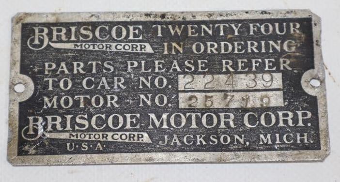 Briscoe Motor Corp.Serial Data Tag (1 of 2)