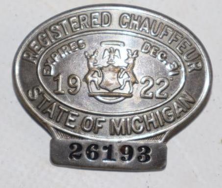 1922 Michigan Registered Chauffeur Pin Badge: 1.75" x 1.5"