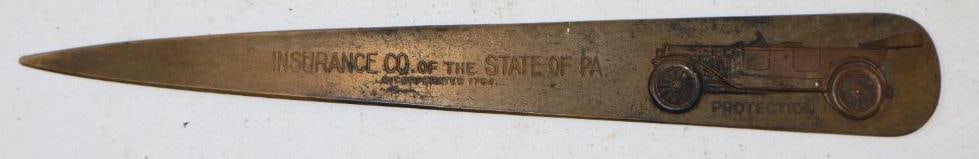 Brass Insurance Company of The State of PA Letter Opener w/ Figural 1920's Touring Car: 9"