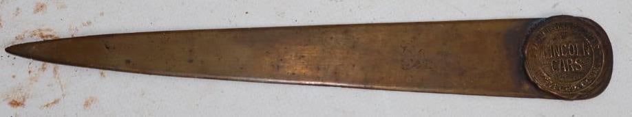 Brass Lincoln Cars Hartford CT Letter Opener: 9"