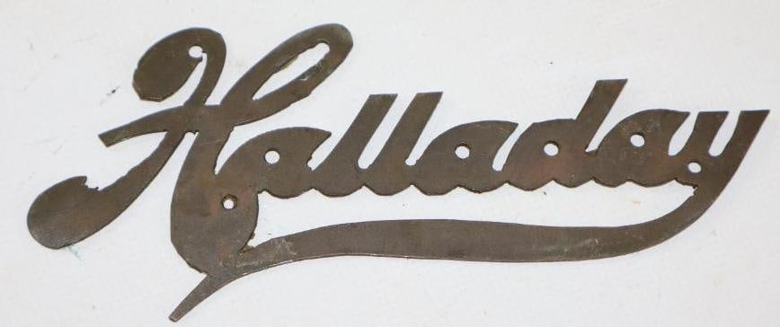 Brass Halladay Automobile Radiator Emblem Script (1 of 2)