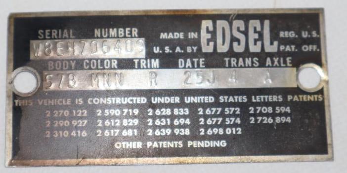 Ford Edsel Serial Data Tag (1 of 2)
