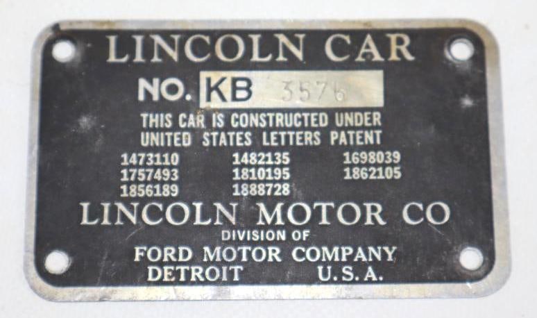 Ford Lincoln Motor Car Co. Serial Data Tag (1 of 2)