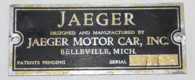 Jaeger Motor Car Inc. Serial Data Tag (1 of 2)