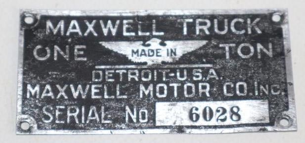 1 Ton Maxwell Truck Serial Data Tag (1 of 2)