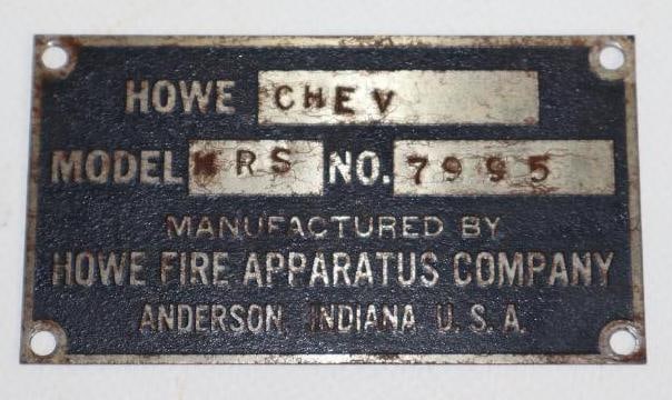 Howe Fire Apparatus Company Fire Truck Serial Data Tag (1 of 2)