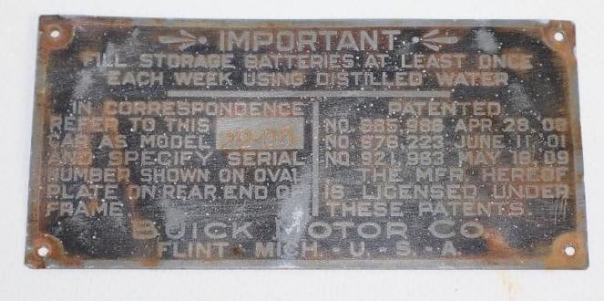 1909 Buick Motor Company  Serial Data Tag (1 of 2)