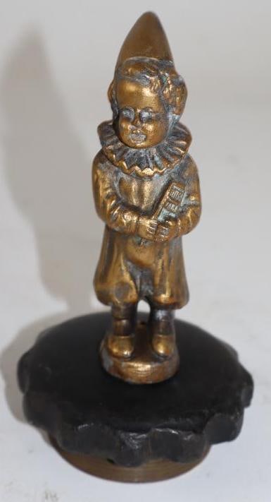 Bronze Standing Clown Automobile Radiator Mascot Hood Ornament: 5" x 2.5" x 2.5", mounted to bakelite cap