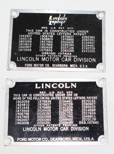 Group of 2 Ford Lincoln Zephyr Serial Data Tag Emblems (1 of 4)