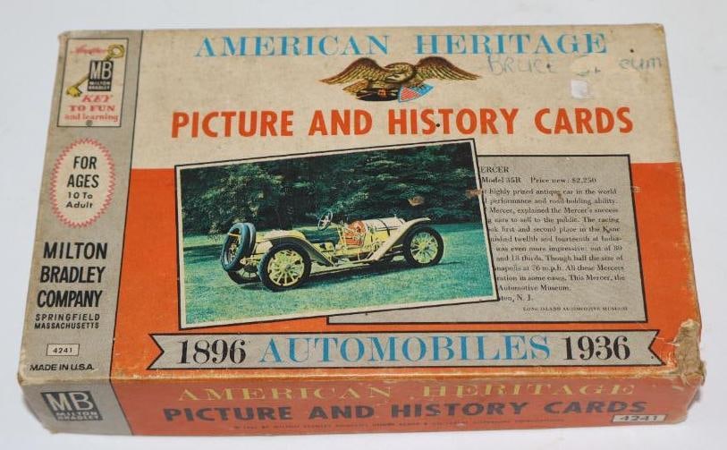 1961 American Heritage 1896-1936 Automobile Picture and History Cards: By Milton Bradley; 6" x 4" with original box