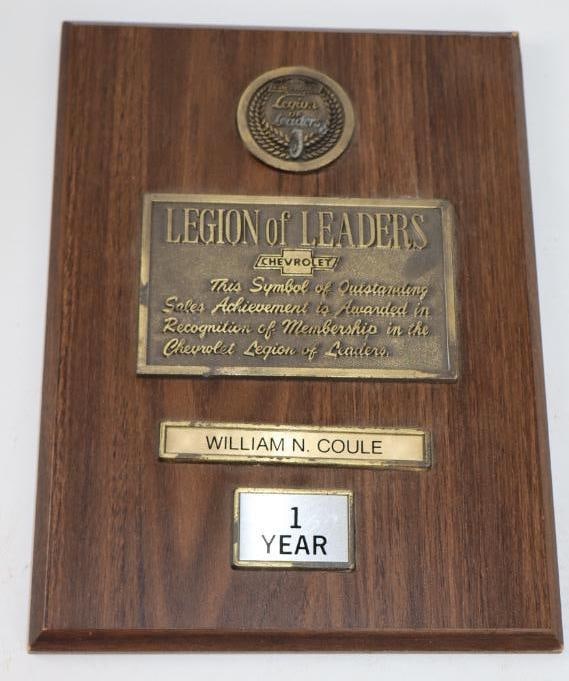 Chevrolet Legend Of Leaders 1 Year Sales Achievement Recognition Plaque: 12"x 9"x1"