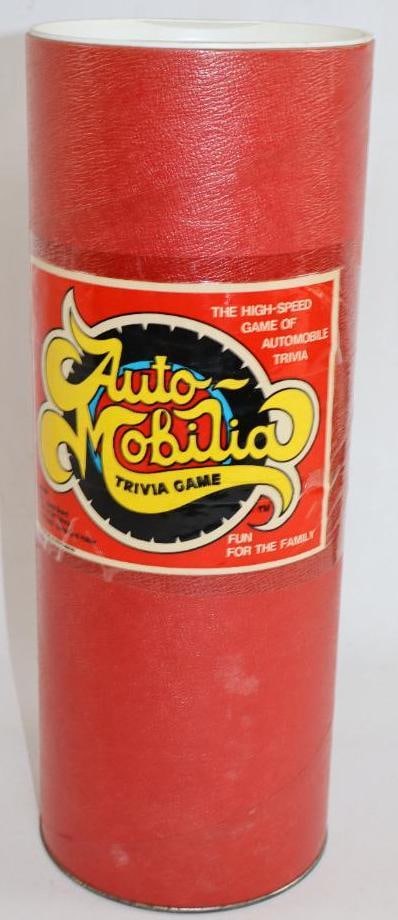 1964 Auto-Mobilia Trivia Game In Original Cylinder Container: 5" Diameter X14" appears to be complete
