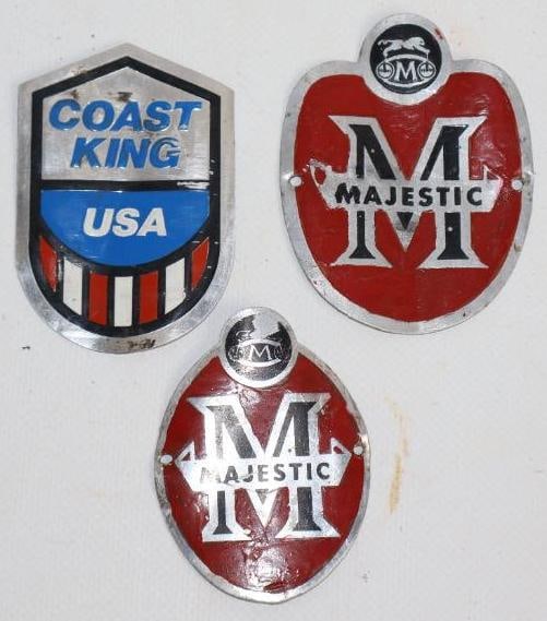 Group of 3 Majestic & Coast King USA Bicycle Head Badges: largest 2.25" x 3"
