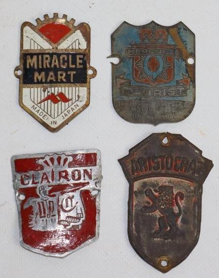 Group of 4 Hercules, Miracle Mart, Clairon, Aristocrat Bicycle Head Badges: Clairon has touchups, largest 2.75" x 2.5"