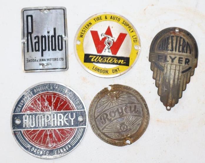 Group of 5 Western Flyer, Humphrey, Rapido, Western, Royal Bicycle Head Badges (1 of 2)