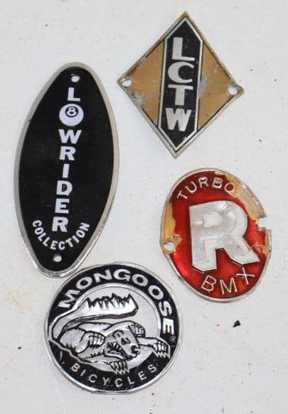 Group of 4 Low Rider, LCTW, Mongoose, Turbo R BMX Bicycle Head Badges (1 of 2)