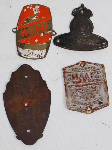 Group of 4 Husquarna, Heidemann Works, Wind, Lincoln Bicycle Head Badges: largest 2" x 3.25"