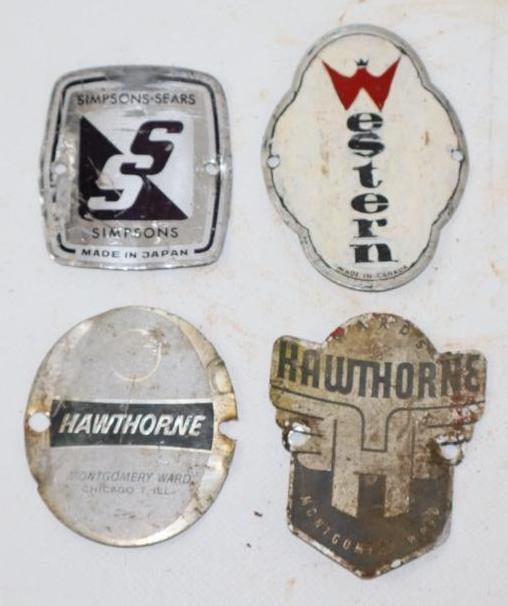 Group of 4 Hawthorne, Simpsons, Western Bicycle Head Badges (1 of 2)