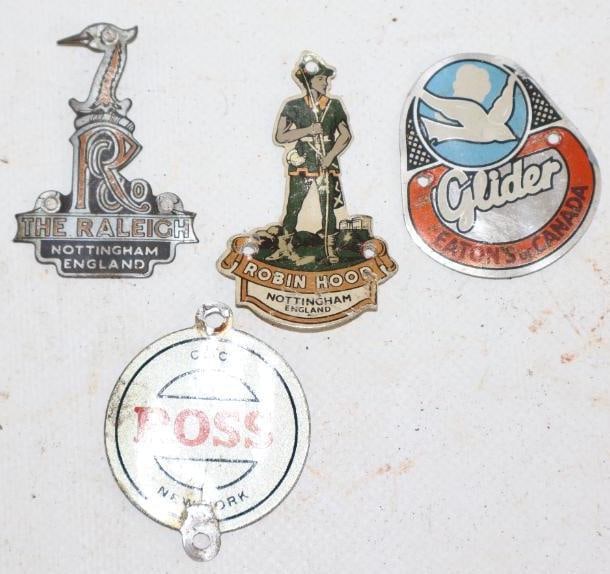 Group of 4 Ross, The Raleigh, Robinhood, Glider Bicycle Head Badges: largest 1.25" x 2"