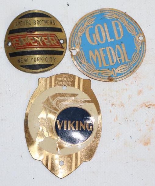 Group of 3 Viking, Speyer Brothers, Gold Medal Bicycle Head Badges: largest 2" x 3"
