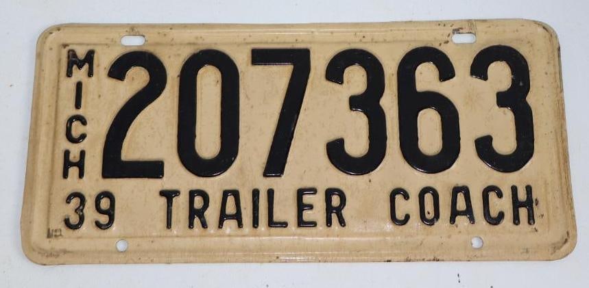 1939 Michigan MI Trailer Coach License Plate: 11.75" x 5.5"