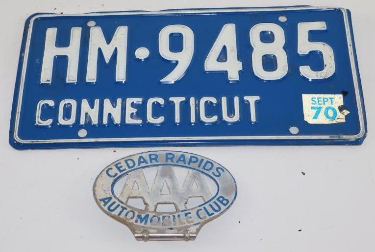 Cedar Rapids AAA License Plate Topper and 1970 Connecticut License Plate (1 of 2)