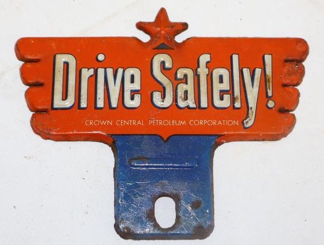 Crown Petroleum Corp Drive Safely Advertising License Plate Toppers: 4.75" x 3.75"