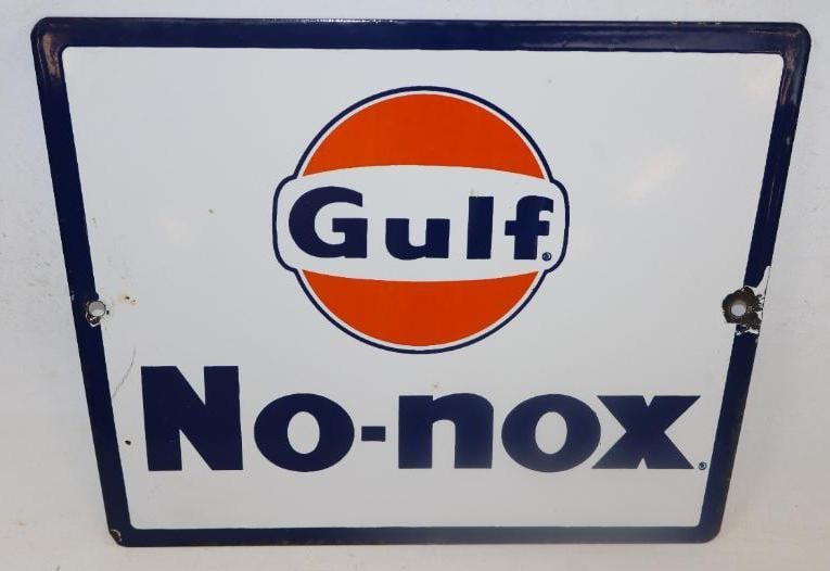 Gulf No-Nox Porcelain Advertising Gas Pump Plate: 11.25" x 8.5"