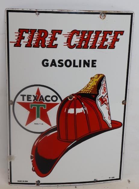 Texaco Fire Chief Gasoline Porcelain Advertising Pump Plate: 12" x 18" dated 9/1/55