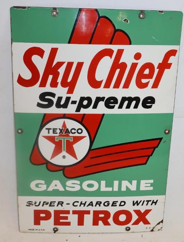 Texaco Sky Chief Gasoline Su-Preme w/ Petrox Porcelain Advertising Pump Plate: 12" x18" dated 3/5/61