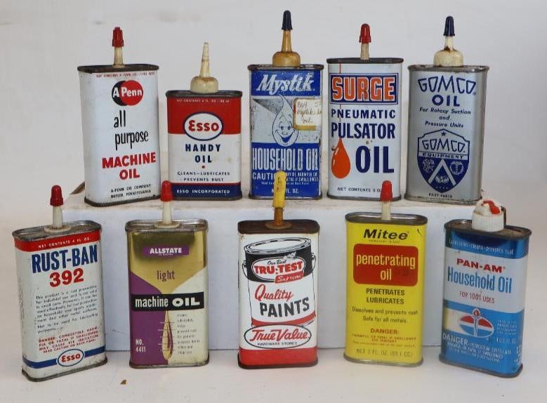 Group of 10 Household Handy Oiler Cans: largest 4oz