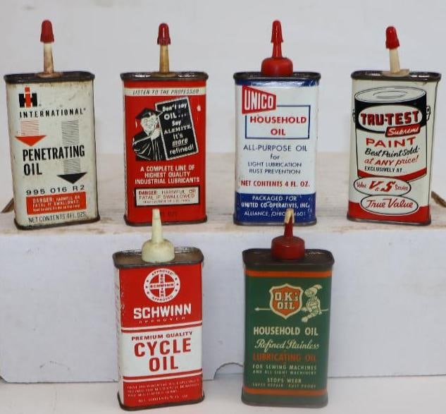 Group of 6 Household and Bicycle Handy Oiler Cans: largest 4oz