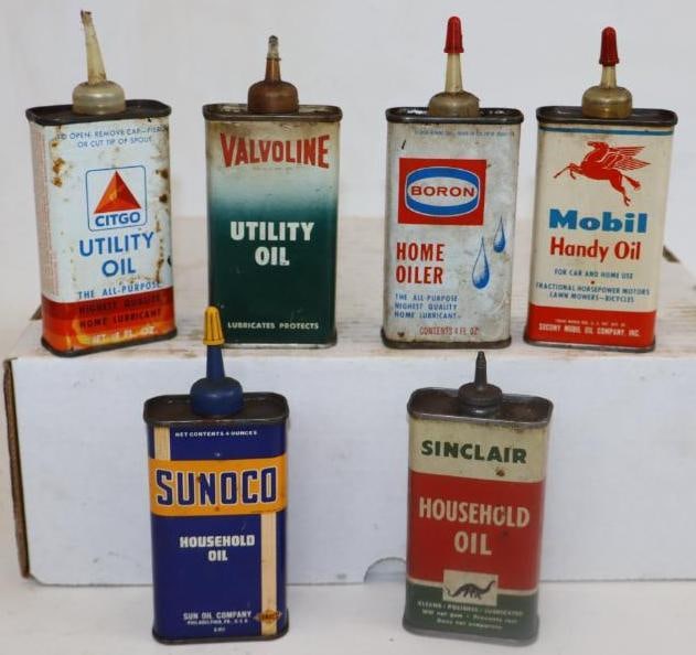 Group of 6 Oil Company Handy Oiler Cans: largest 4oz