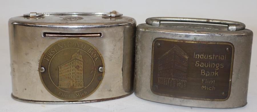 Group of 2 Flint First National & Industrial Savings Michigan Advertising Banks: largest 4" x 2" x 2", First National has key
