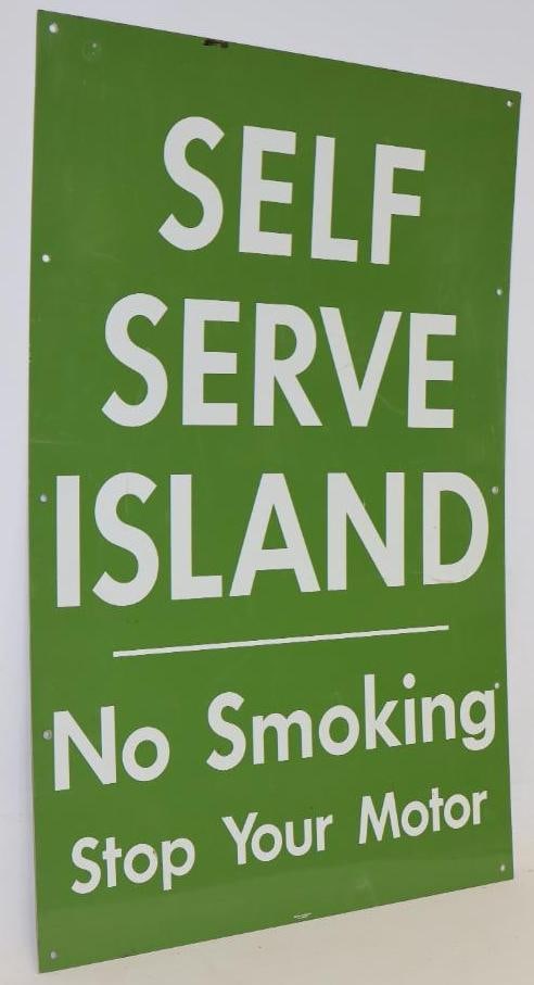 Self Serve Island No Smoking Stop Your Motor Single Sided Metal Gas Station Sign (1 of 4)