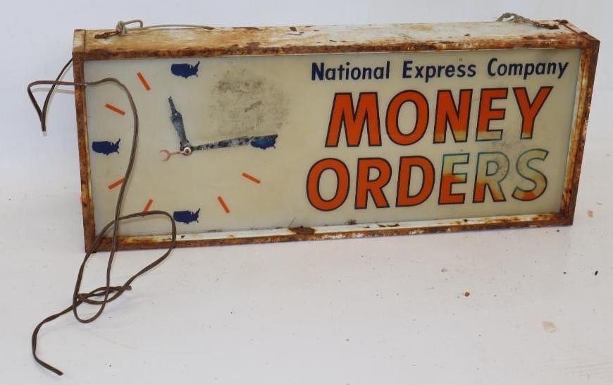 National Express Company Money Orders Advertising Light Up Clock: 25.5" x 10" x 4", has a crack through the word money