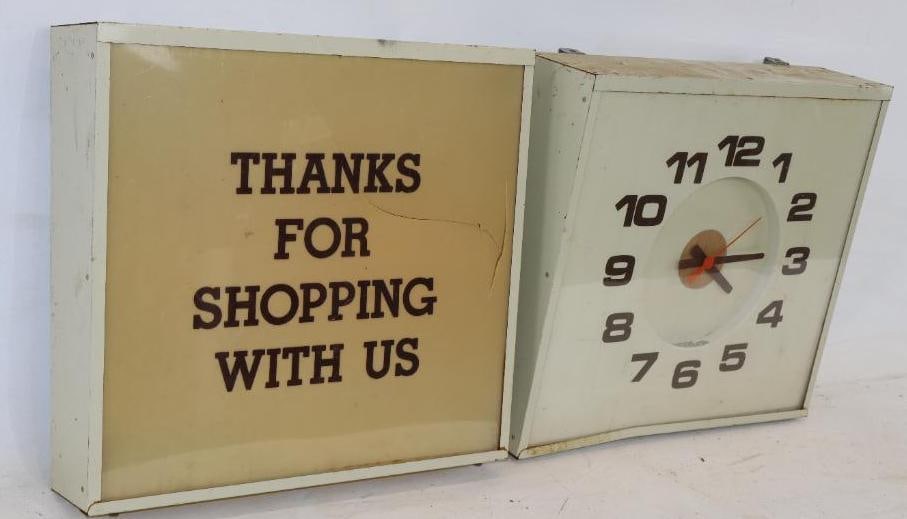 Group of 2 Convenient Store Light Up Clock & Thanks For Shopping With Us Sign: 20" x19"x 6" clock is not working & the Thanks sign has cracks