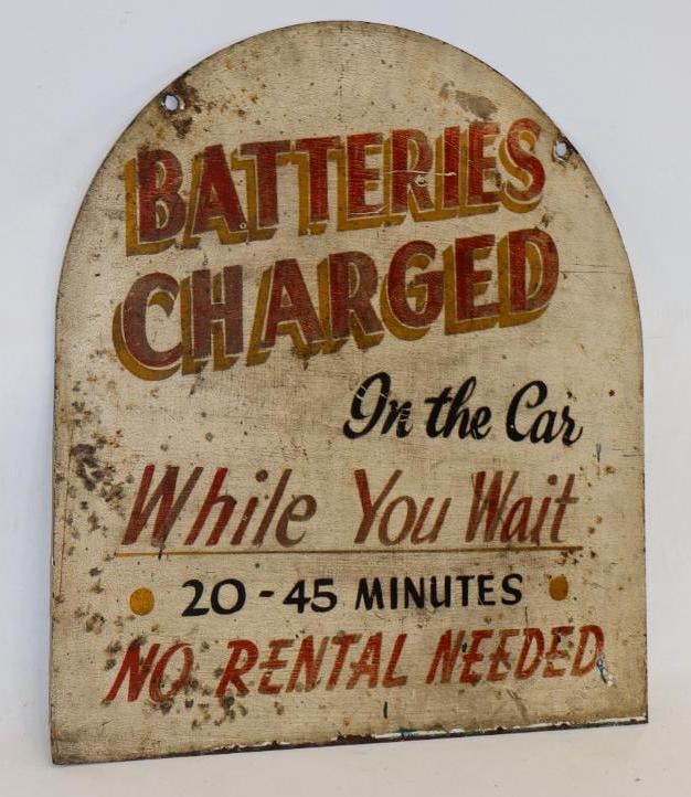 Quaker State Tombstone Sign w/ Hand Painted Batteries Charged Advertisement (1 of 4)